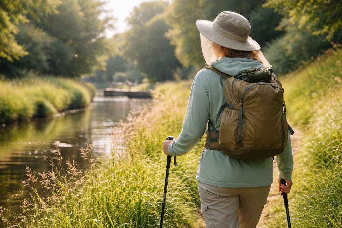 Beginner wearing insect repellent garments on a UK walk