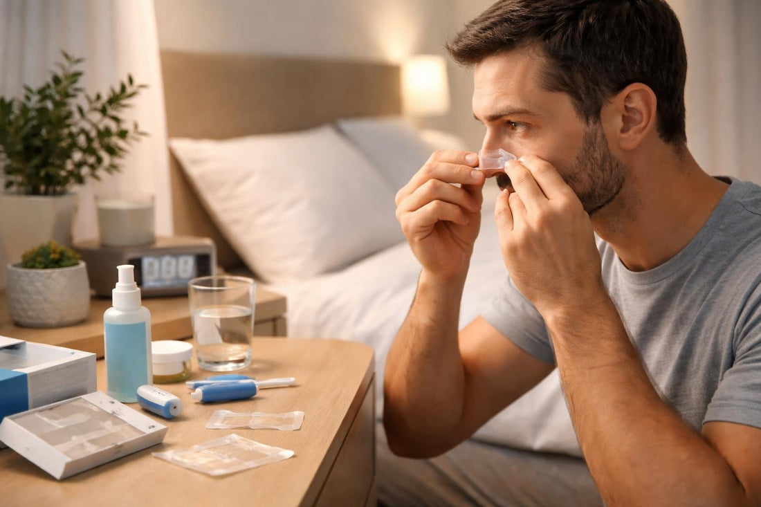 Person fitting nasal strip to reduce snoring at night