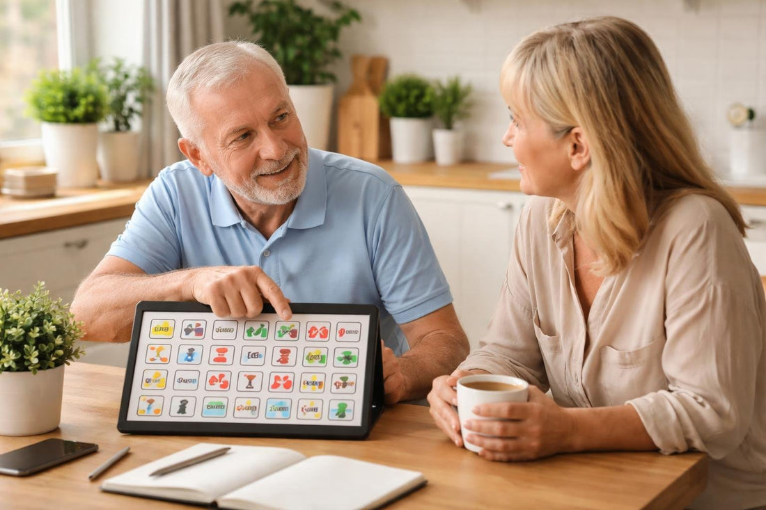 Person using communication board during everyday home conversation
