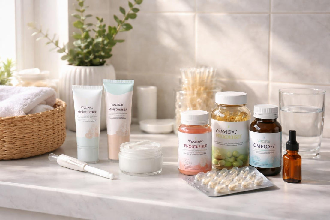 vaginal moisturiser and alternatives on bathroom shelf