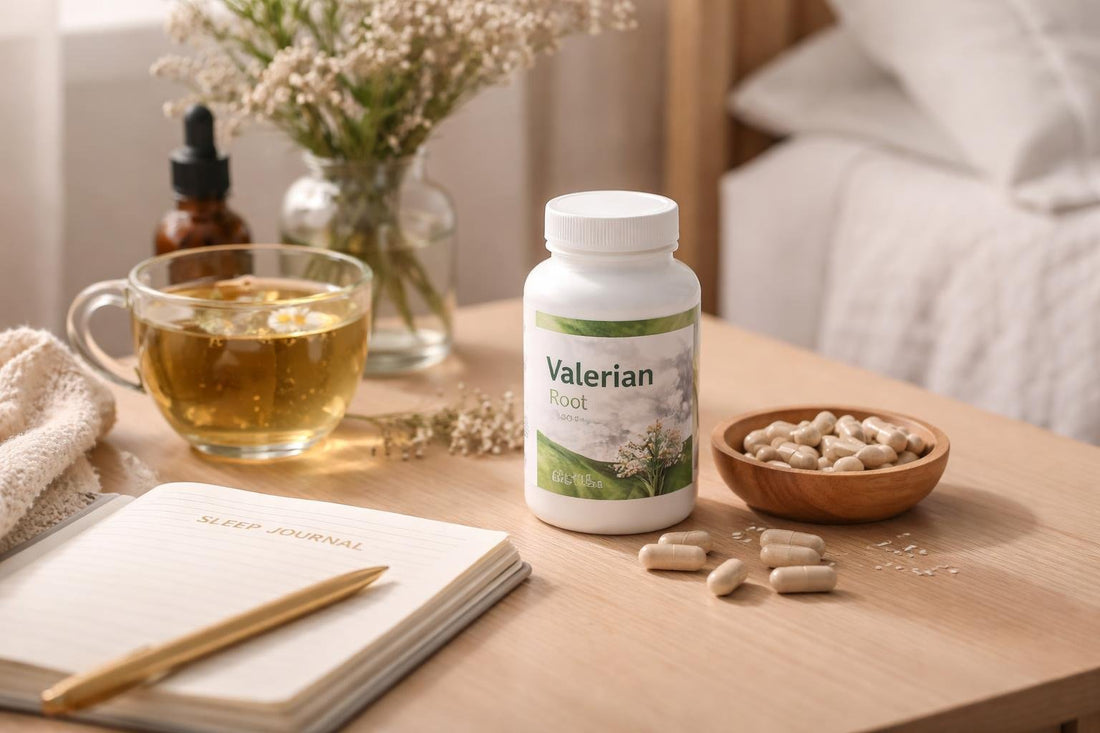 Valerian capsules and herbal tea beside bedtime journal