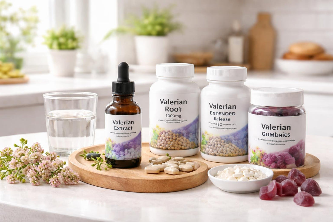 Selection of valerian supplements: extracts, tablets and gummies