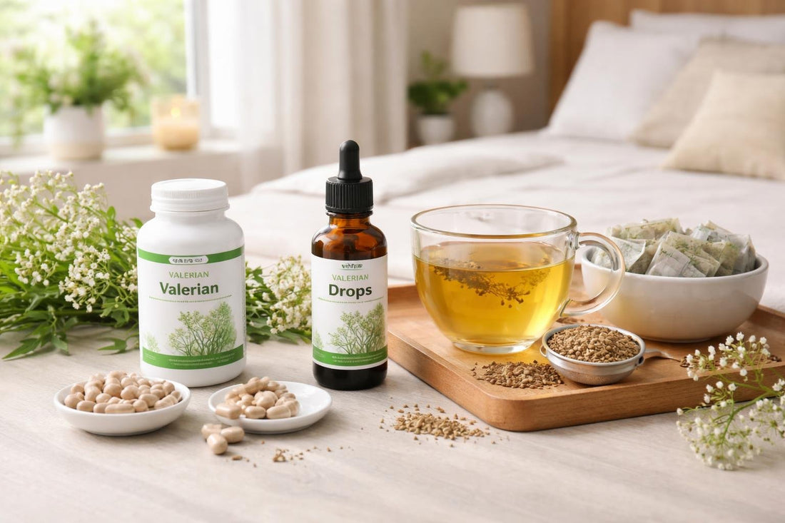 Valerian herbal supplements laid out for bedtime routine