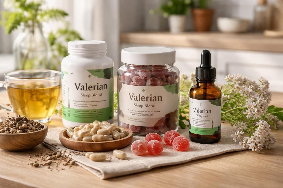 Valerian supplements, capsules and gummies on wooden table