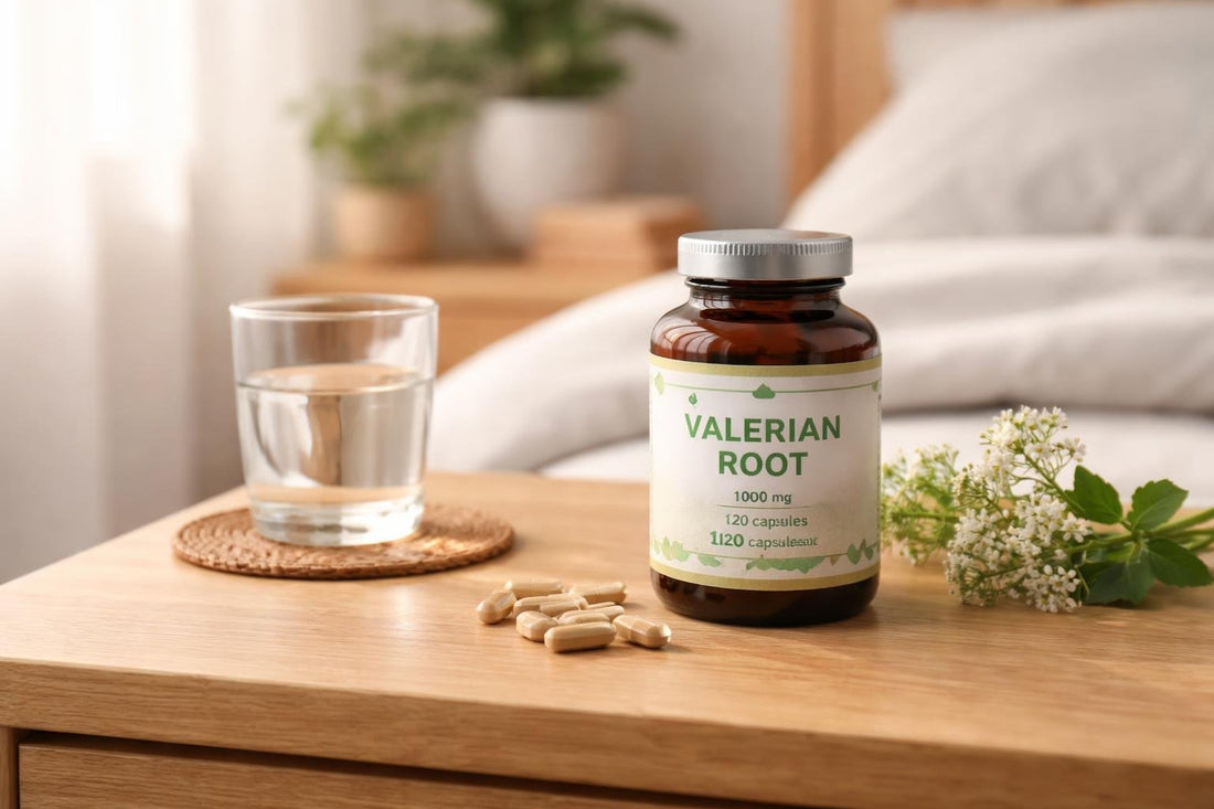 bottle of valerian capsules on wooden bedside table