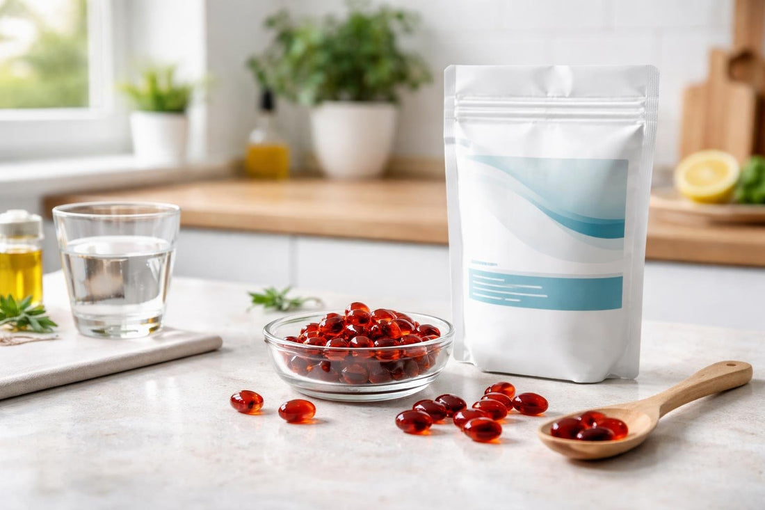 Good value krill oil capsules on a UK kitchen counter