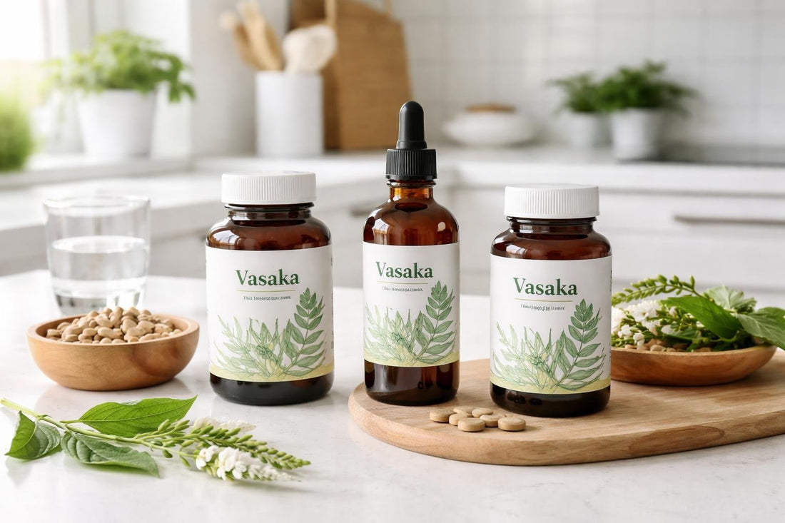 Vasaka Botanical Supplement Collection bottles on a kitchen counter