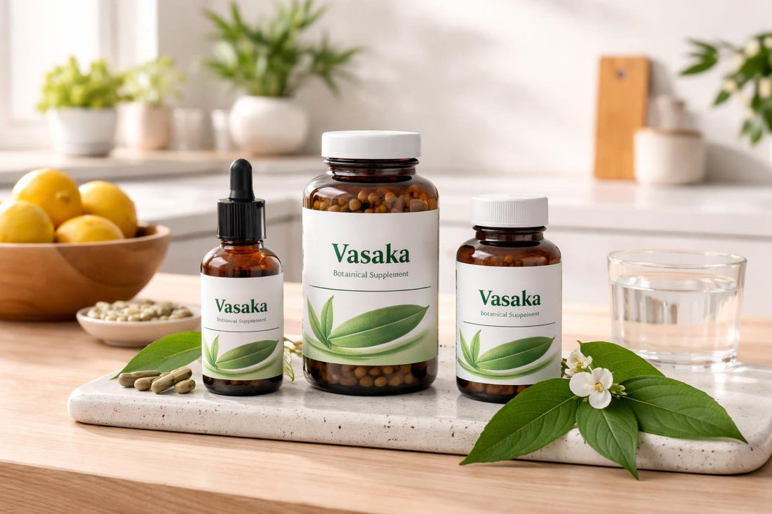 Vasaka supplements bottles and leaf close-up
