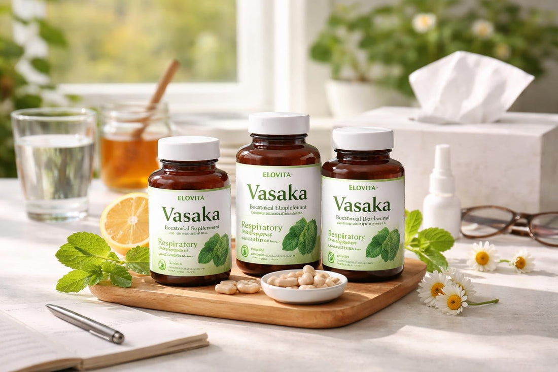 Vasaka supplement bottles with seasonal allergy notes