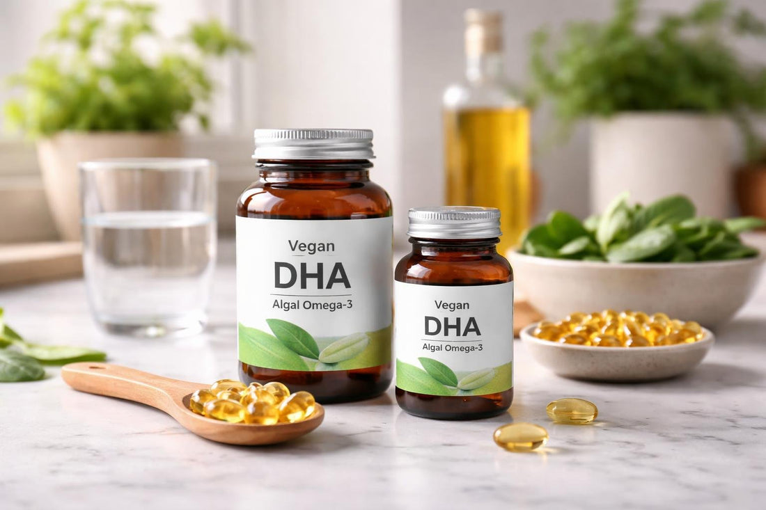 Vegan algal DHA omega 3 supplement bottles and capsules