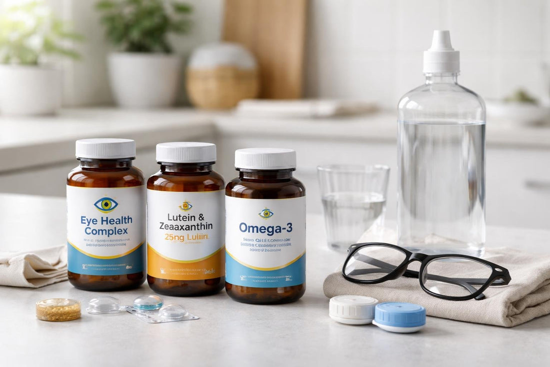 Vision supplement bottles, saline and glasses on table