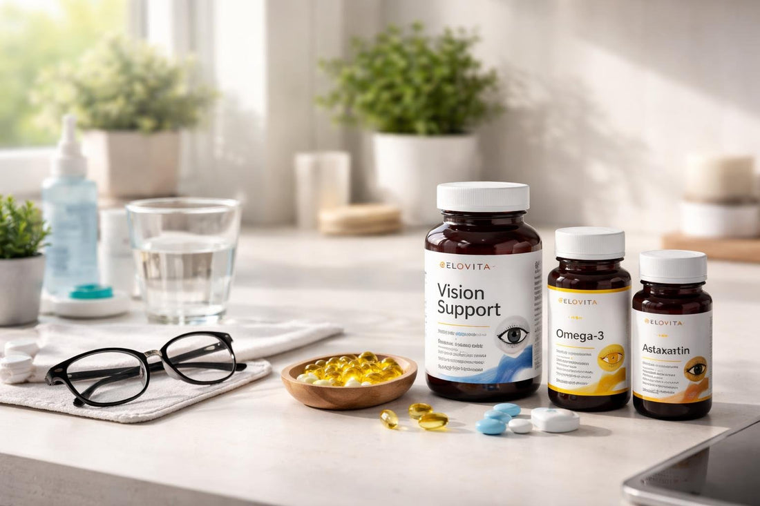 Vision supplements, glasses and care tools on table