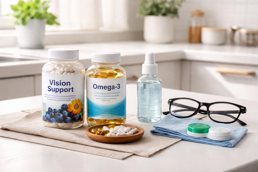 Vision support supplements and lens cleaning kit