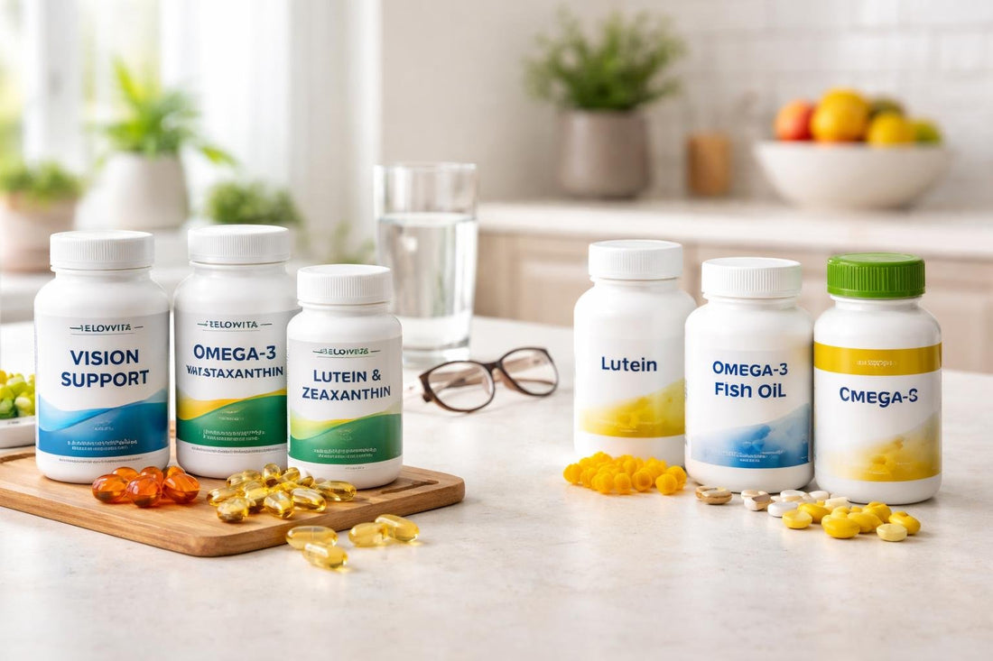 Bottles and pills for vision support supplements