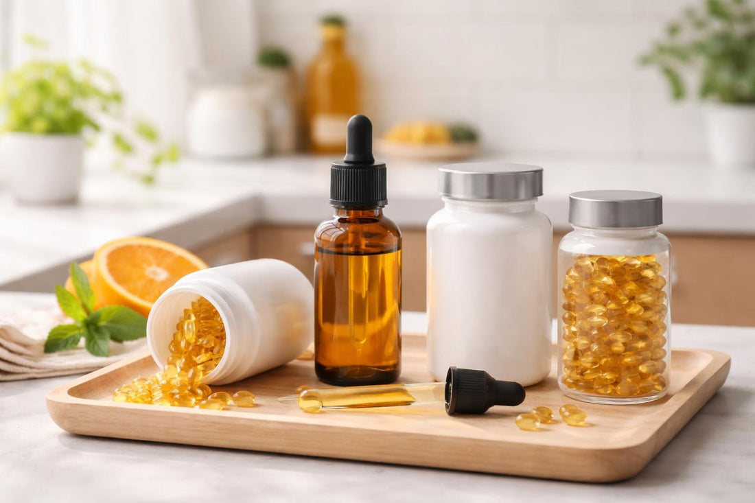 Vitamin A capsules and liquid drops on a UK shelf