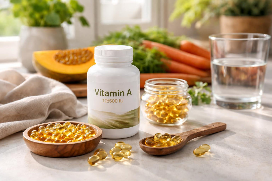 Vitamin A supplement capsules with seasonal UK wellness notes