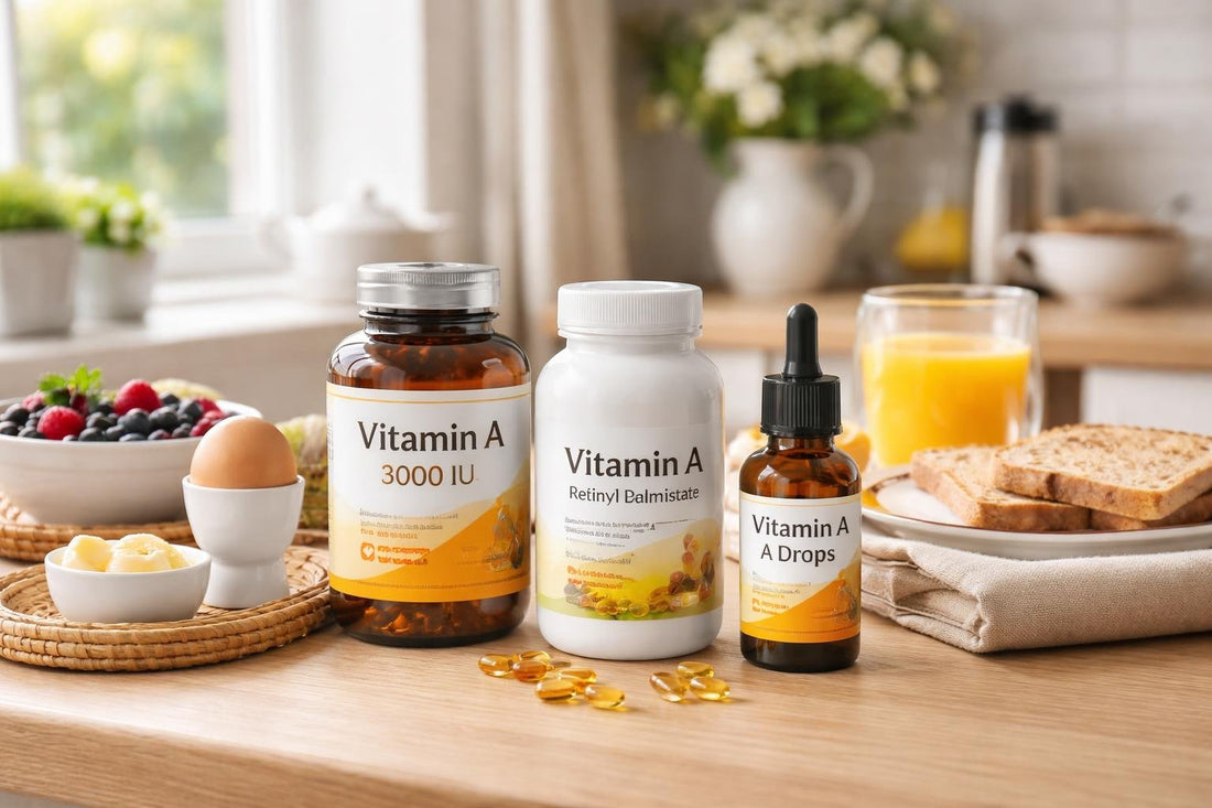 Vitamin A supplement bottles beside Scottish breakfast table
