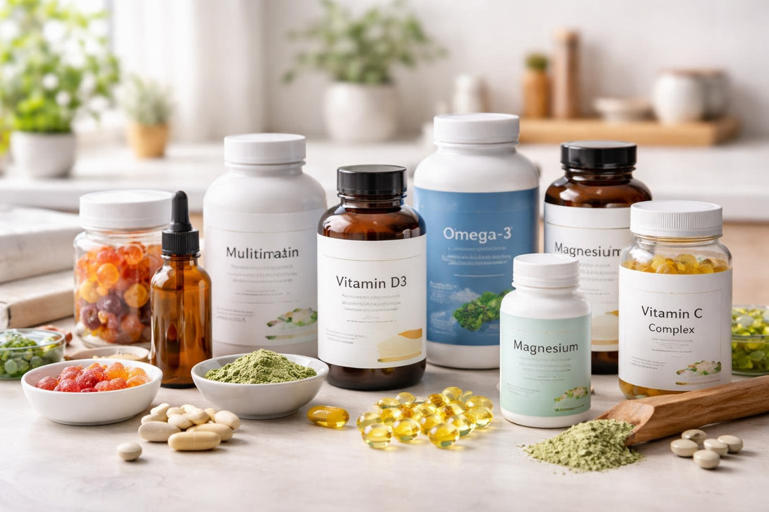 Assorted supplement bottles and capsules on a table