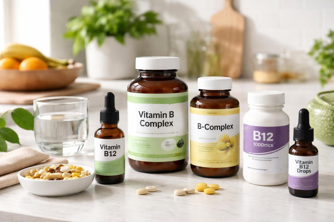 Selection of Vitamin B supplement bottles and drops