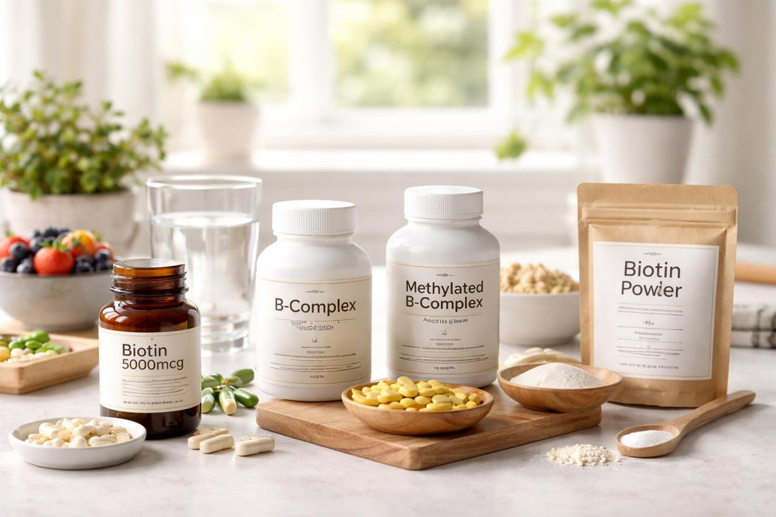 Selection of affordable vitamin B supplements on table