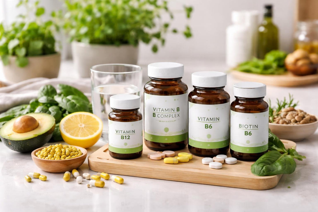 Vegan vitamin B supplements and capsules organised