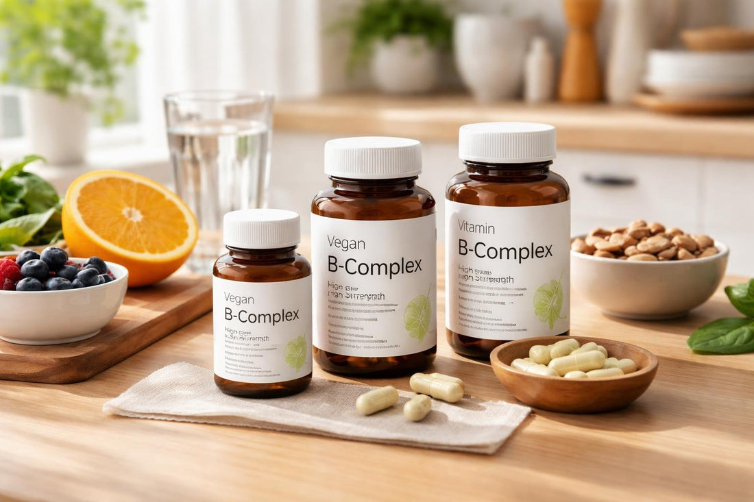 vegan vitamin B complex supplements on wooden table