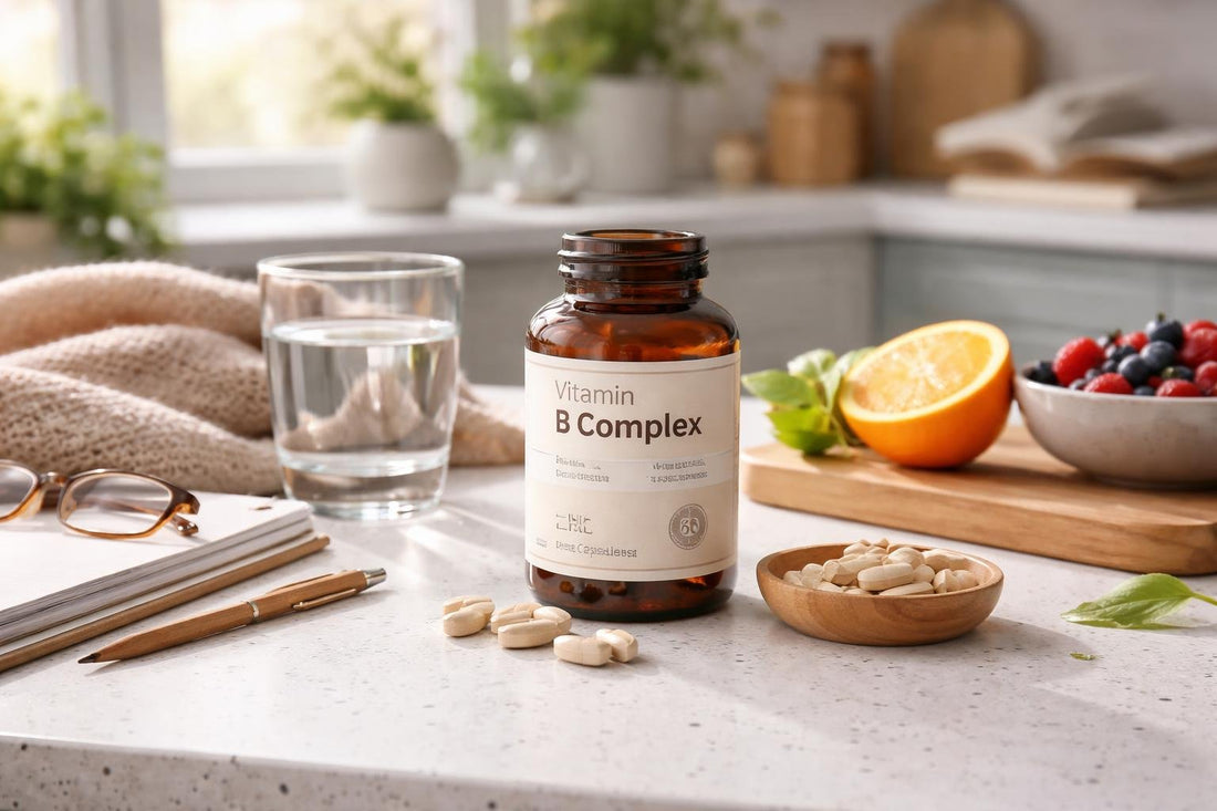 Vitamin B complex capsules with seasonal wellness notes