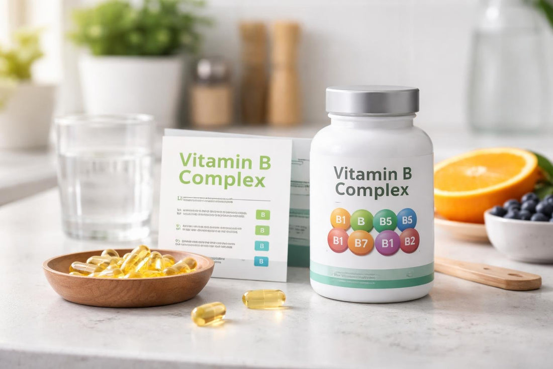 Vitamin B complex capsules beside label with B vitamins
