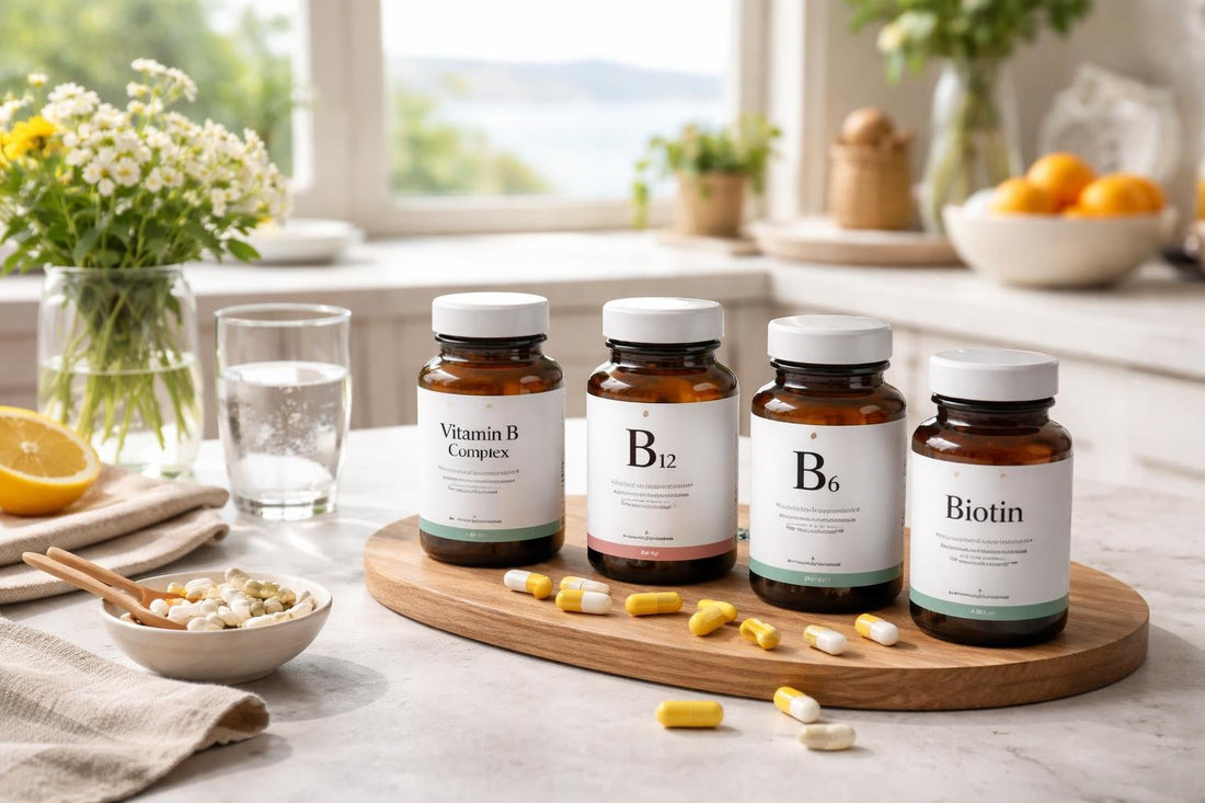 Vitamin B supplements and capsules on a Cornwall kitchen counter