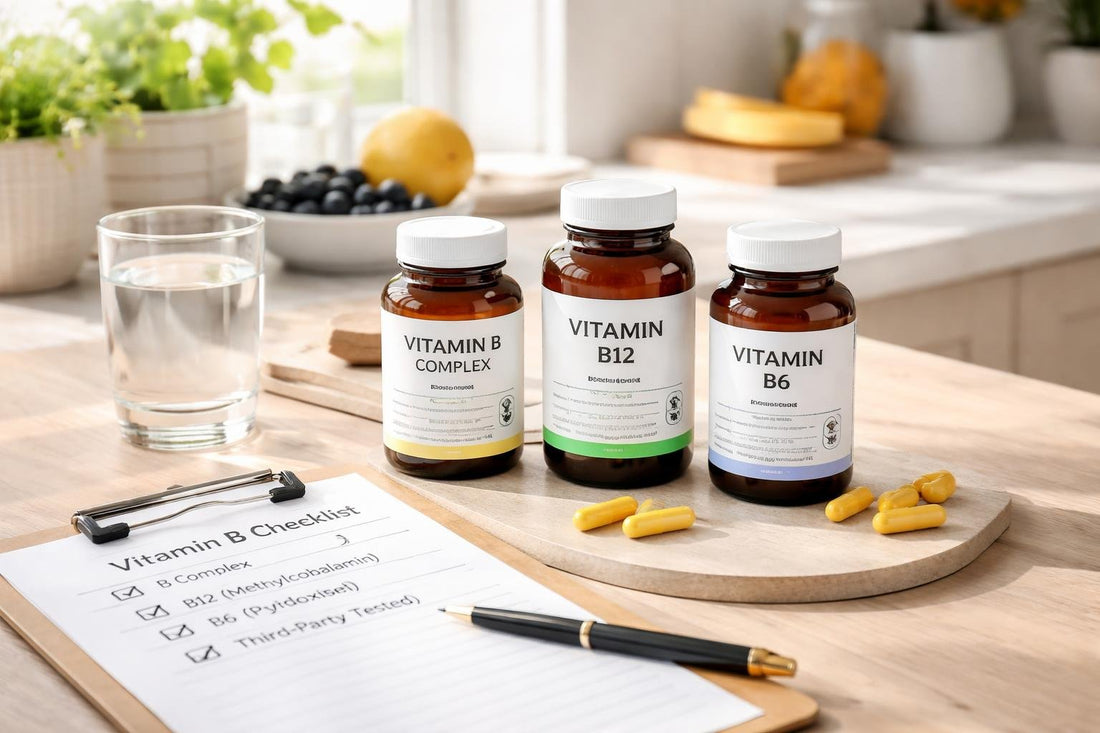 Vitamin B supplement bottles with label reading checklist