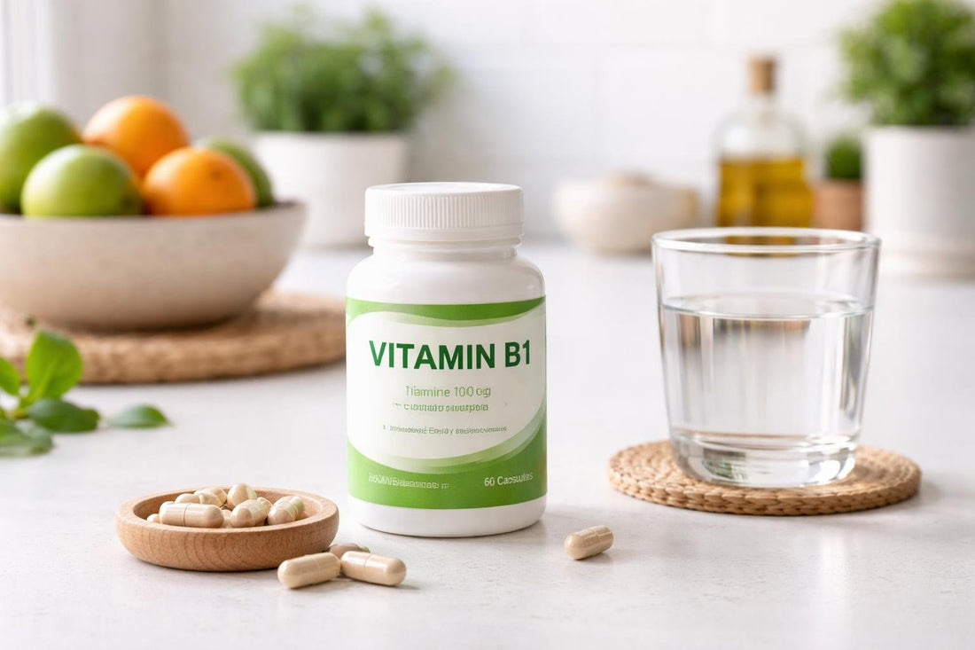 Vitamin B1 thiamine capsules with label and water glass