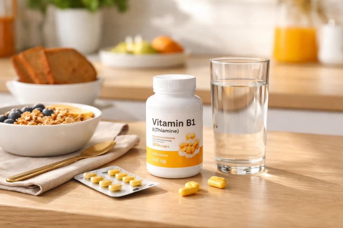 Vitamin B1 thiamine supplements with water and breakfast