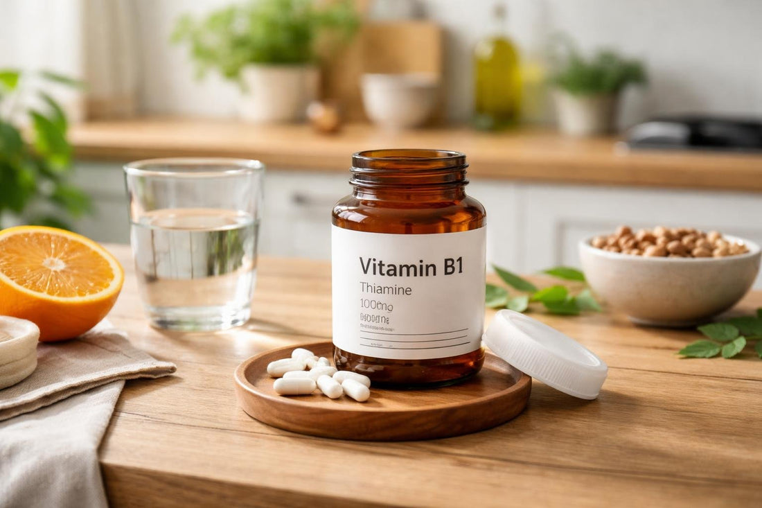 Jar of Vitamin B1 thiamine supplements on wooden table