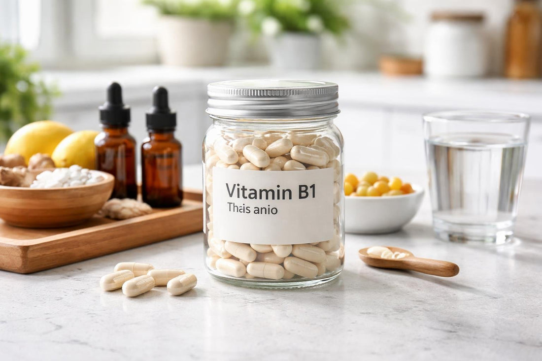 Jar of Vitamin B1 (Thiamine) supplement capsules on table