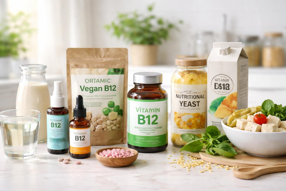 Assorted vitamin B12 supplements and vegan options