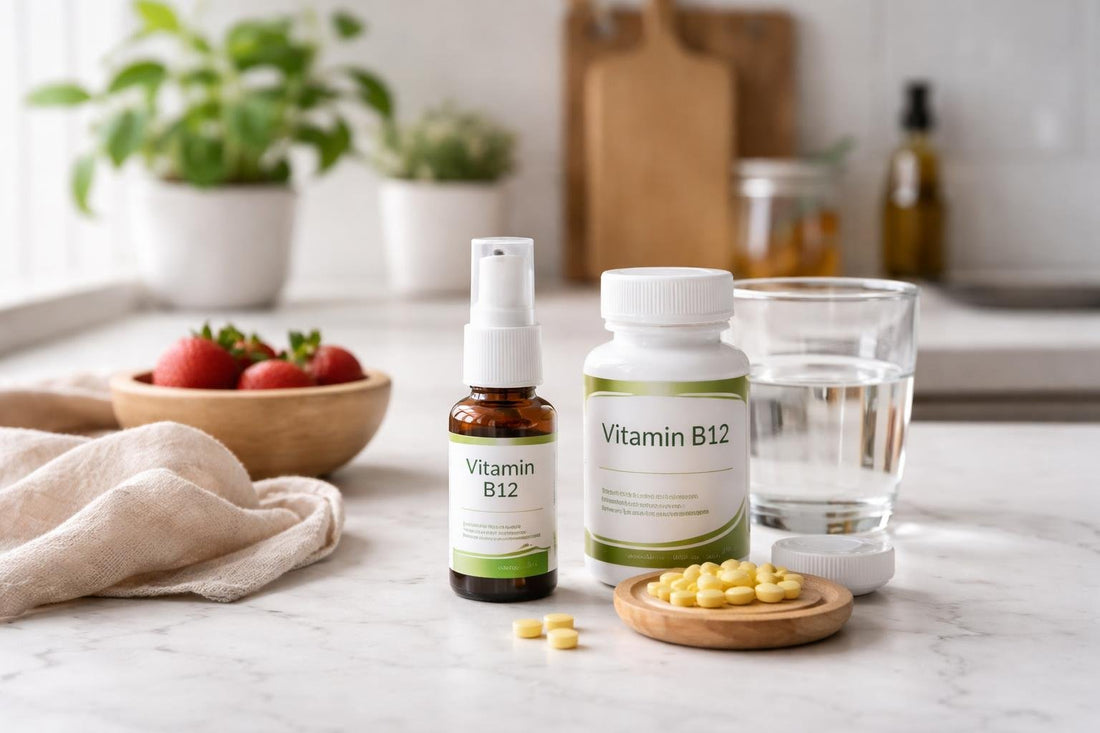 Vitamin B12 tablets and oral spray on kitchen counter