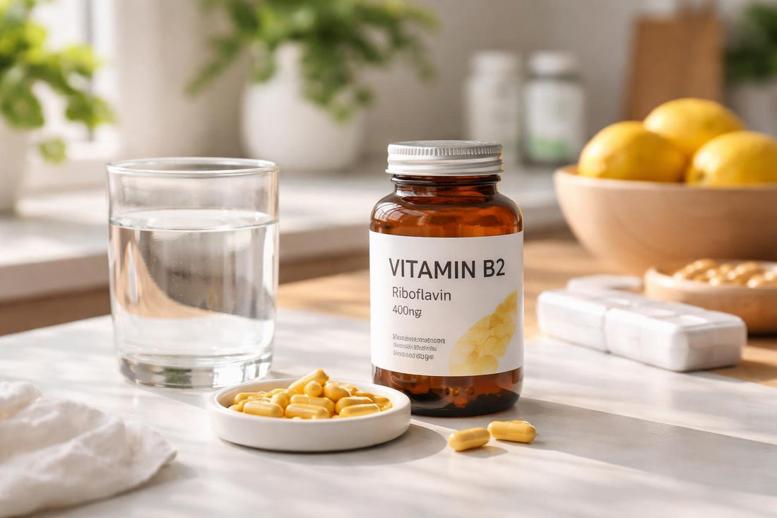 bottle of vitamin B2 supplements on table