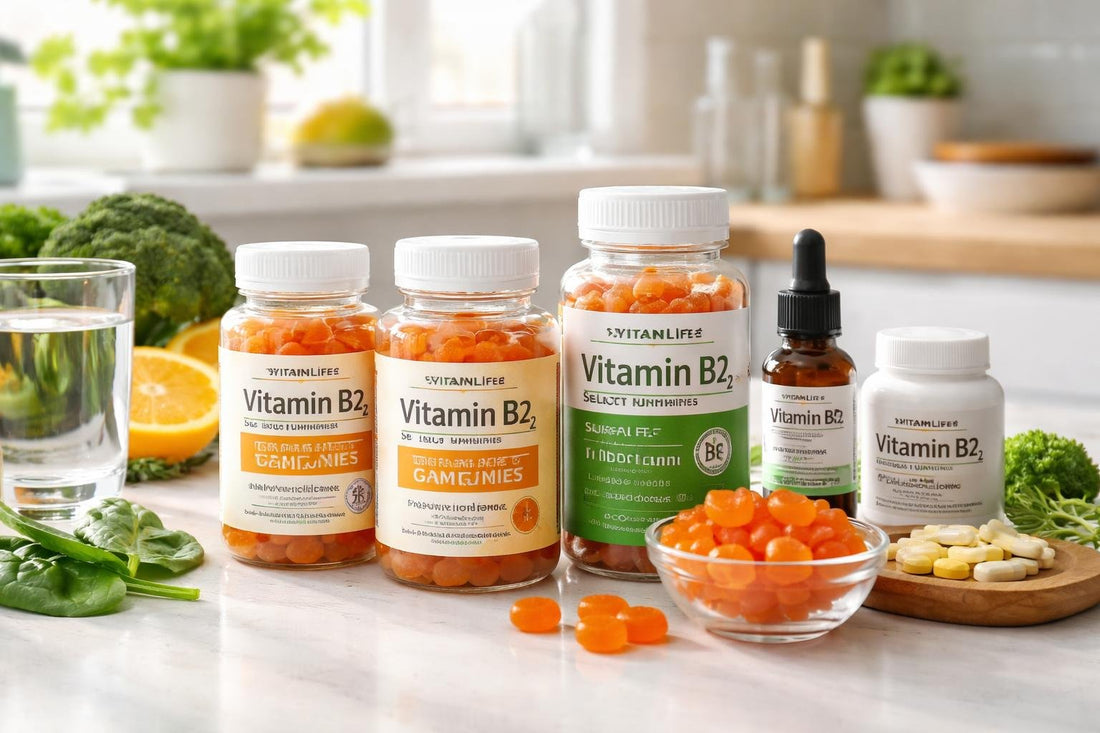 Assorted vitamin B2 supplement options and bottles