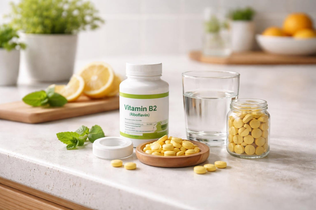 Vitamin B2 riboflavin tablets and capsules on kitchen counter