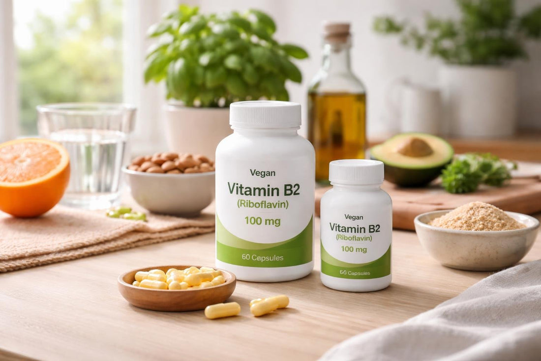 Vegan Vitamin B2 supplement bottles on wooden table