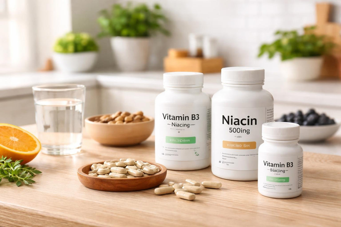 Vitamin B3 niacin supplement bottles with capsules on table
