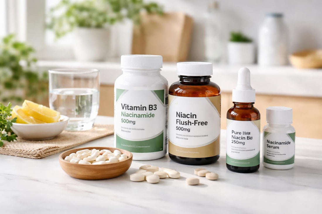 Assorted Vitamin B3 Niacin supplement bottles and capsules
