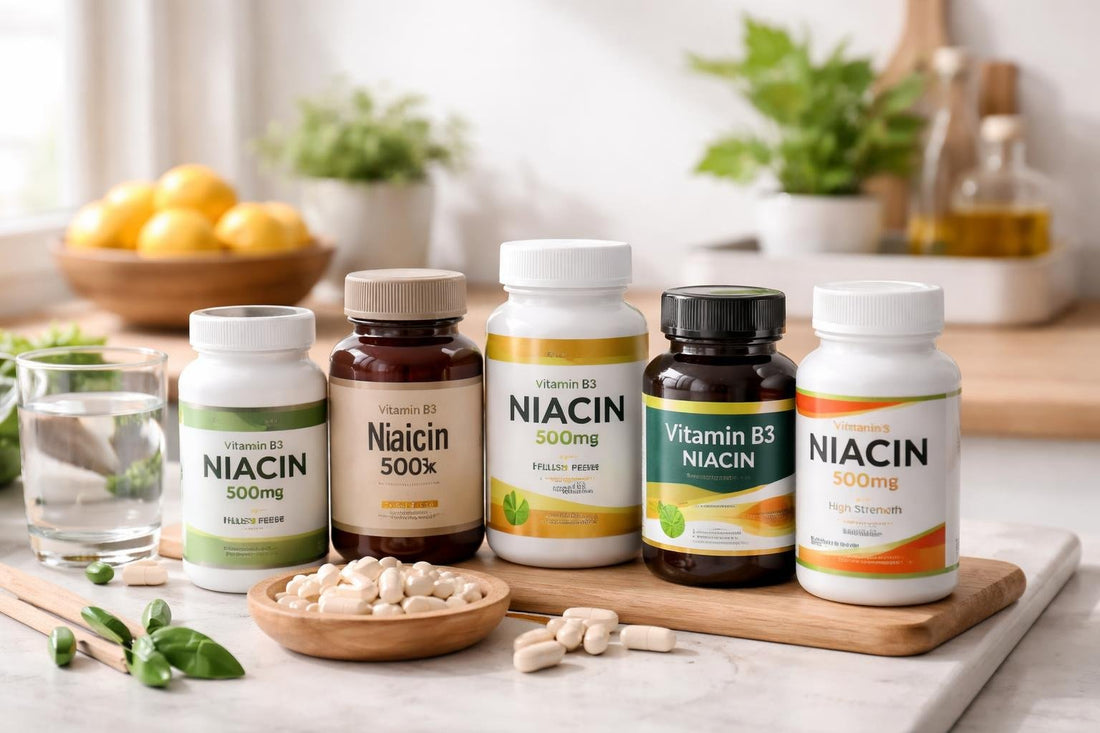 Assorted Vitamin B3 niacin supplement bottles and capsules