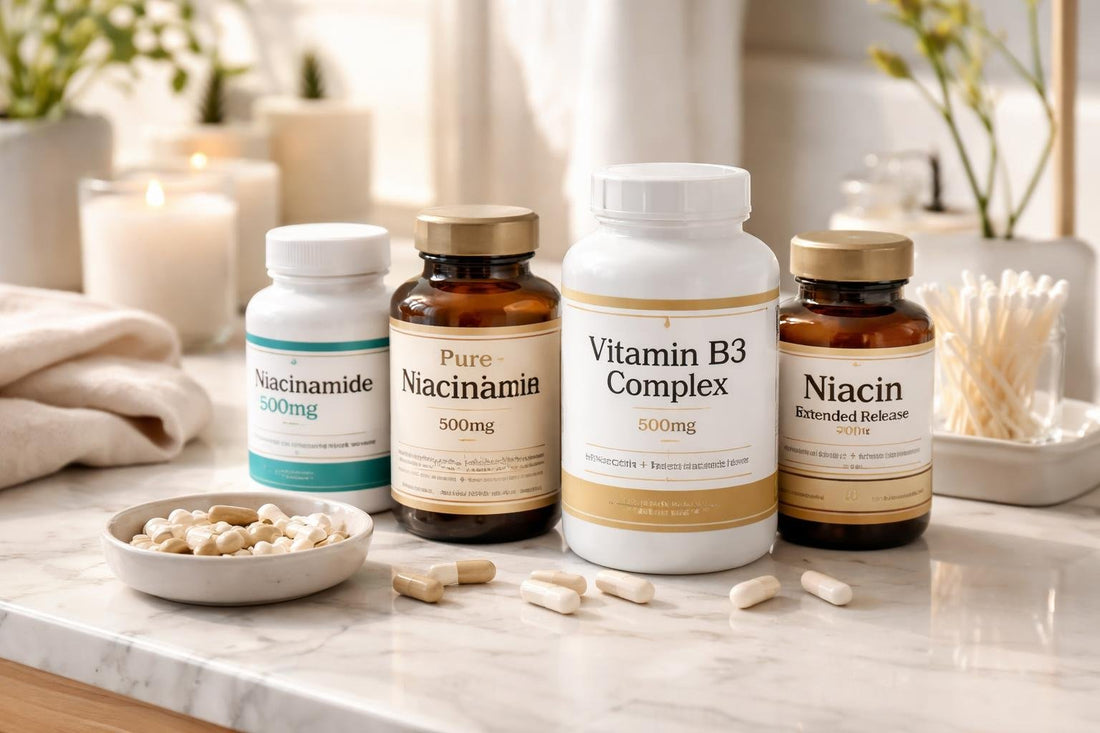 Bottles of niacin supplements and capsules
