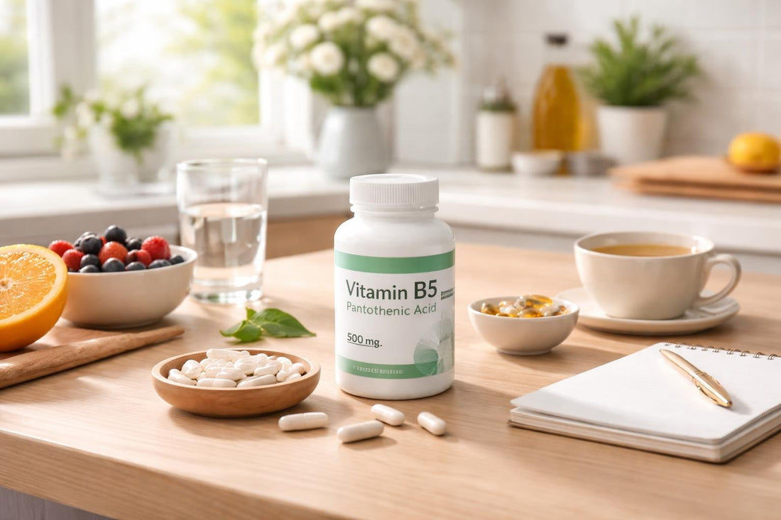 Vitamin B5 pantothenic acid supplement capsules on UK breakfast table