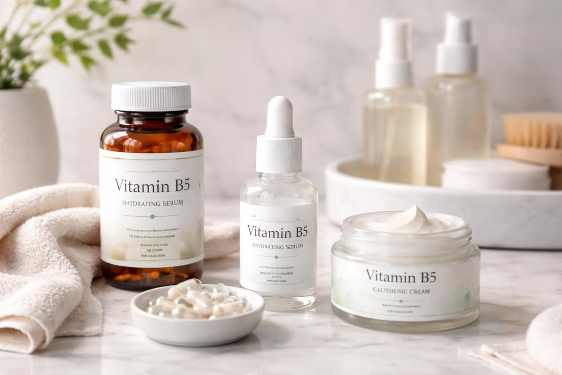 Vitamin B5 skincare and supplement collection display