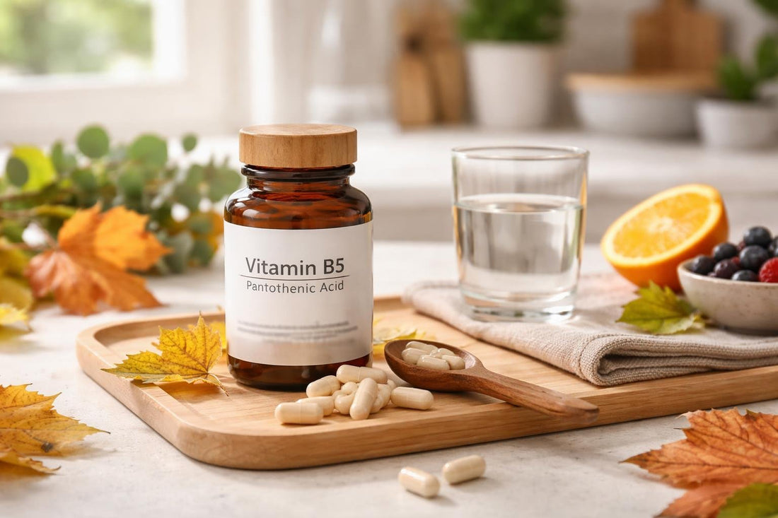 Vitamin B5 pantothenic acid capsules beside seasonal leaves