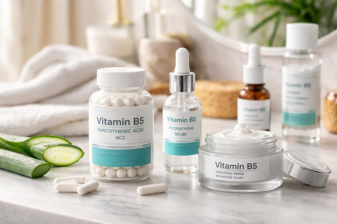 Vitamin B5 supplements and topical options on table
