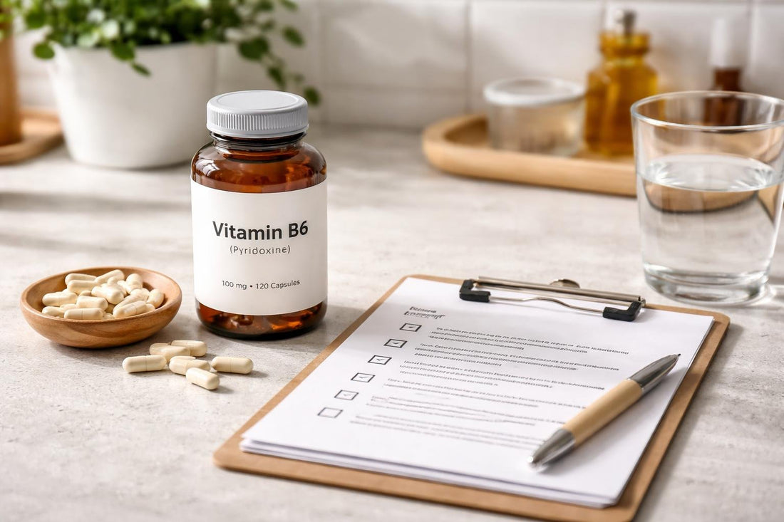 bottle of vitamin B6 supplements and checklist