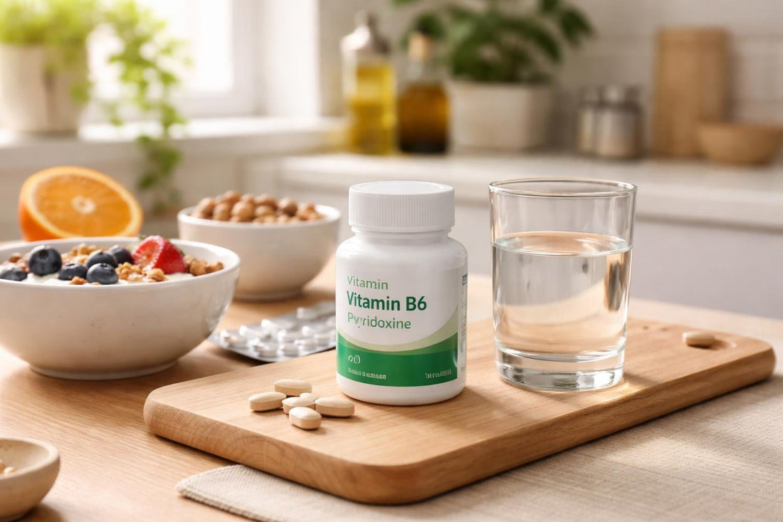 Vitamin B6 pyridoxine supplement tablets with water and breakfast